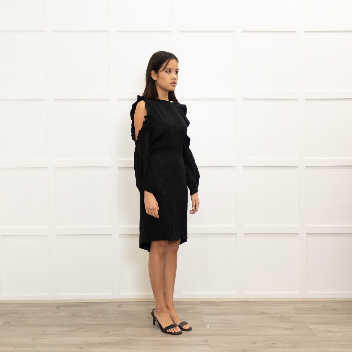 Maje Black On Black Print Cut Out Shoulder Dress