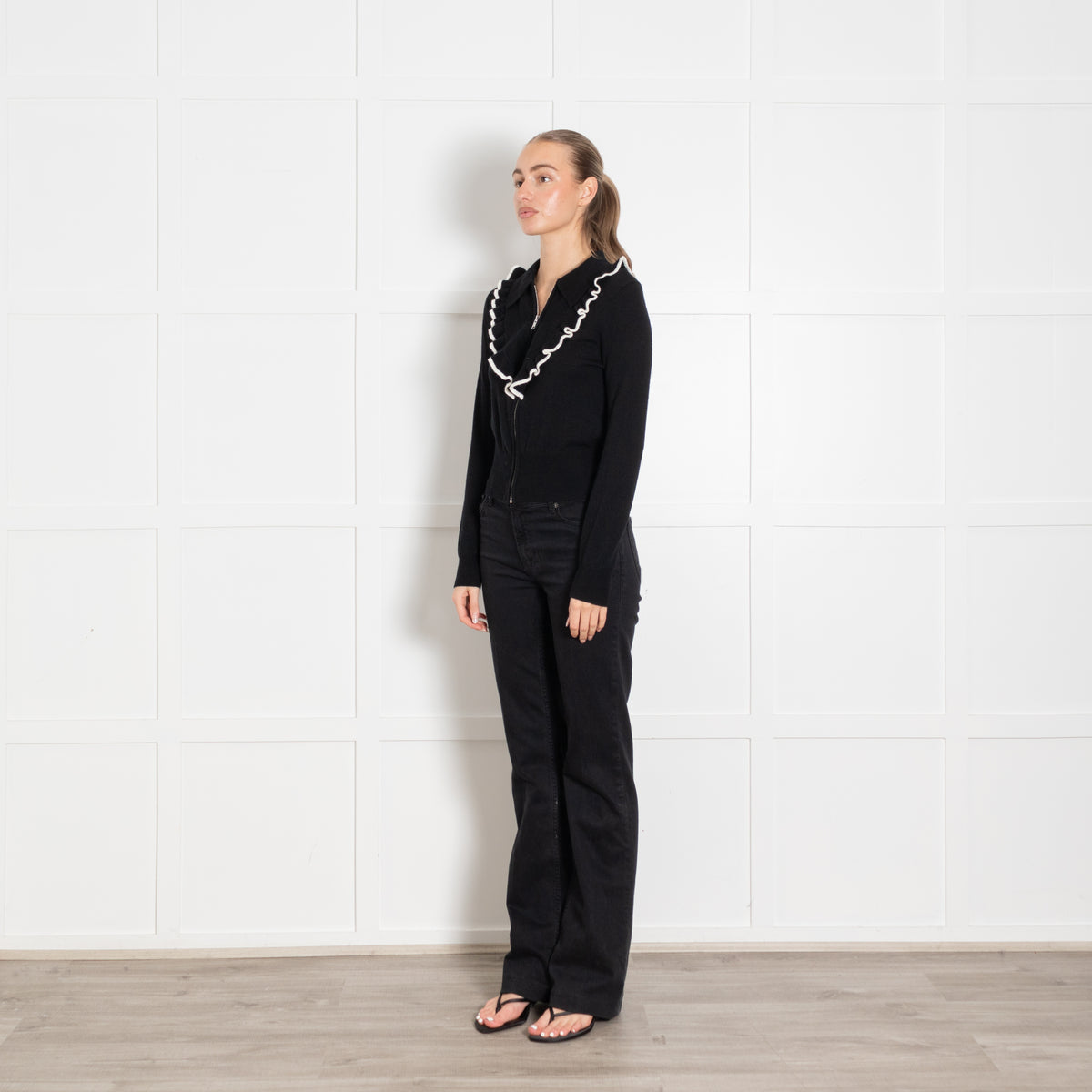 Sandro Black Cream Frill Collar Zip Cardigan