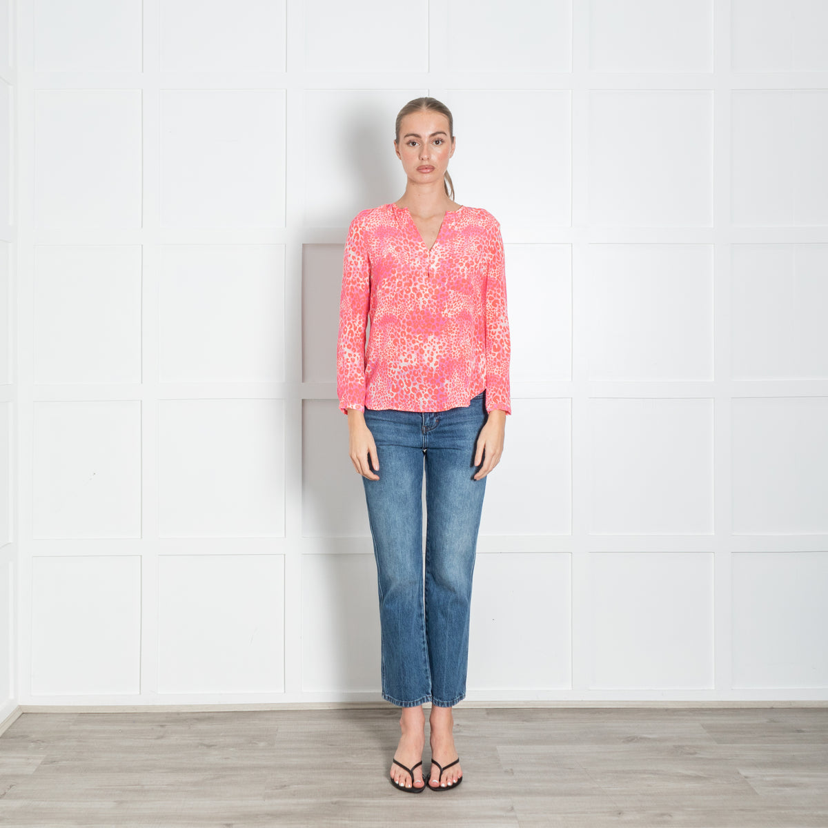 Mercy Delta White Neon Orange Pink Animal Print Silk Blouse