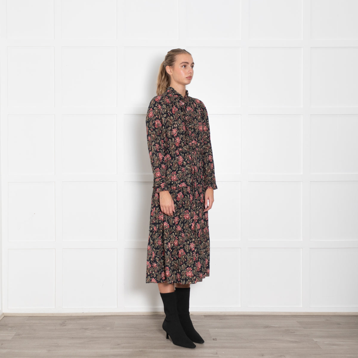 La Vie Navy Burgundy Gold Floral Tiered Midi Dress50
