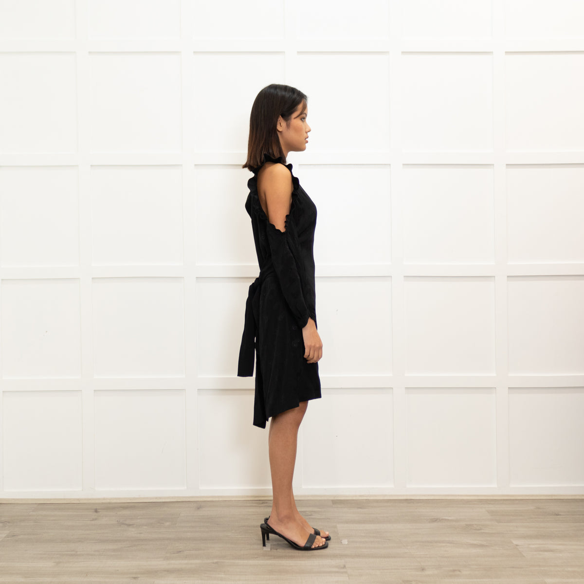 Maje Black On Black Print Cut Out Shoulder Dress