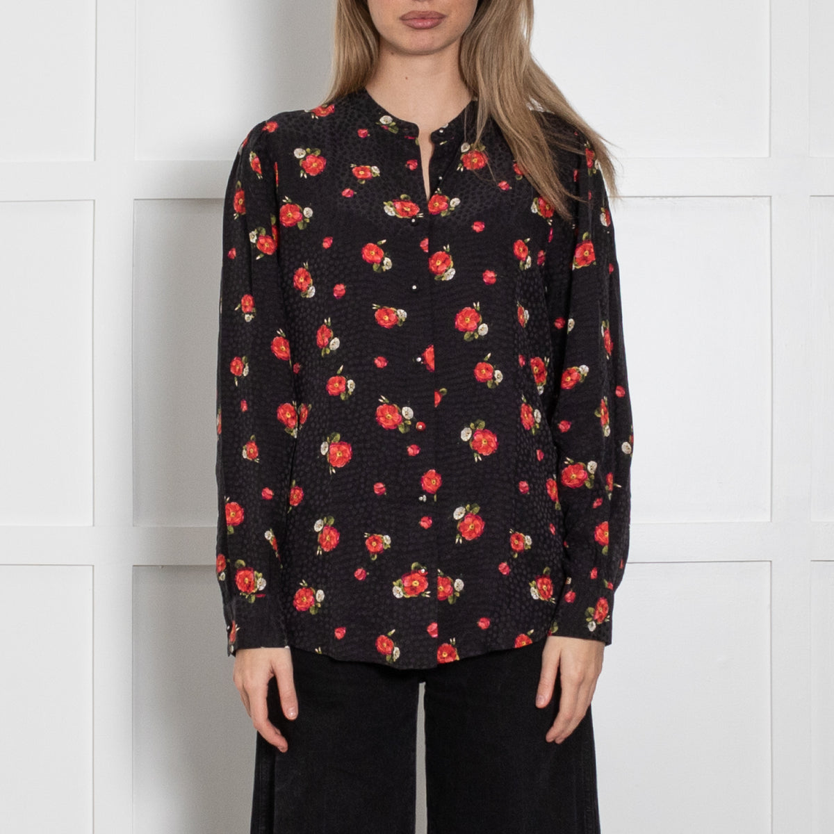 The Kooples White Red Floral Sheer Frill Trim Blouse