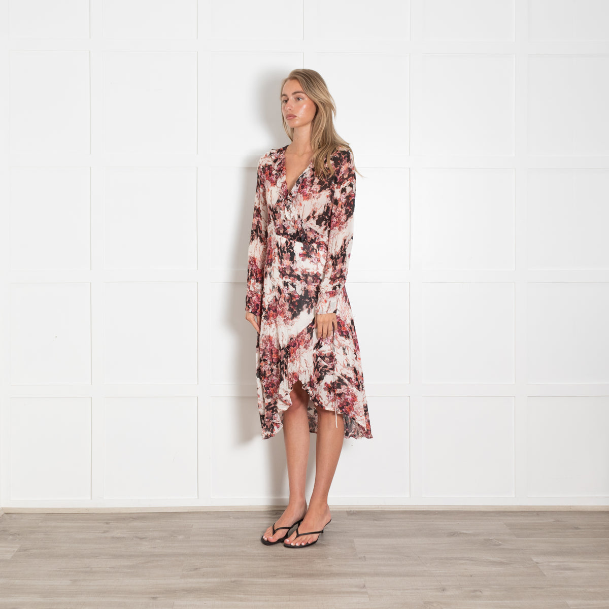 Iro Pink Black And Cream Pattern Wrap Dress