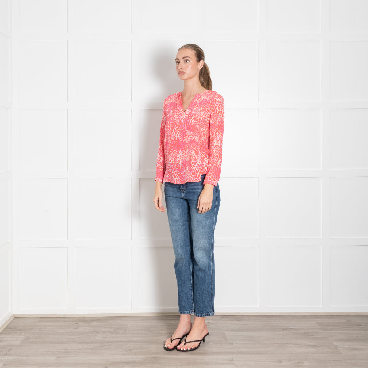 Mercy Delta White Neon Orange Pink Animal Print Silk Blouse