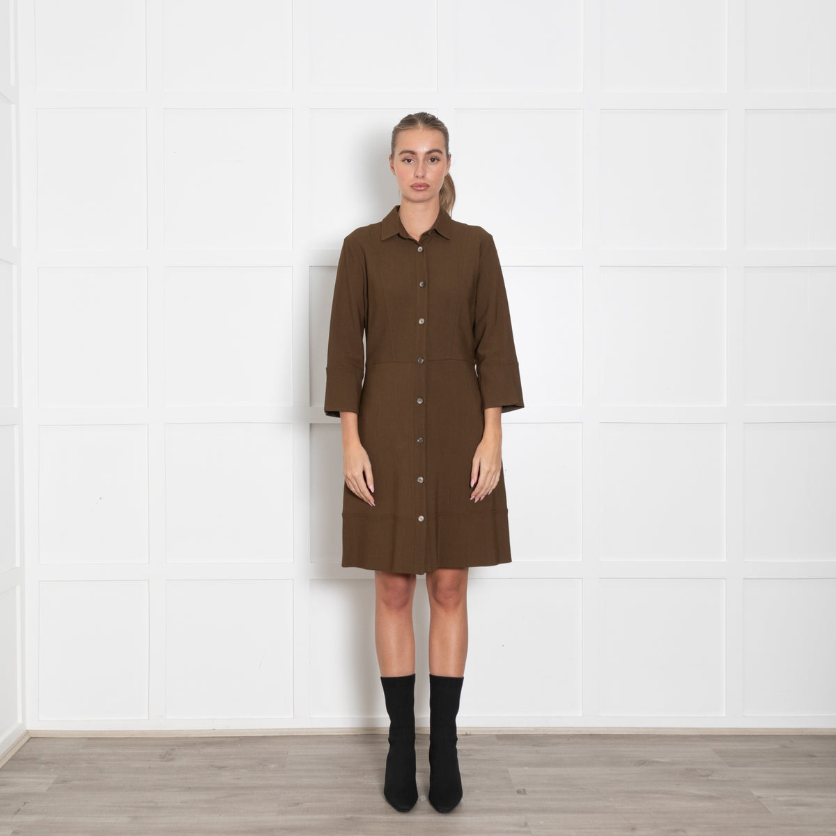 Antonelli Khaki 3/4 Sleeve Buttoned Up Dress