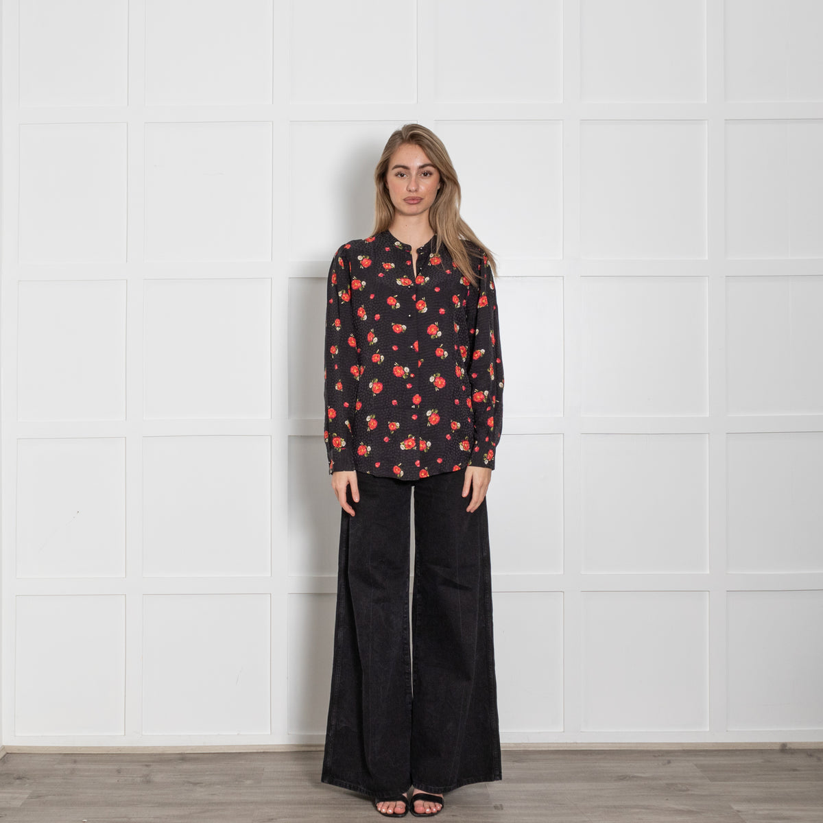 The Kooples White Red Floral Sheer Frill Trim Blouse