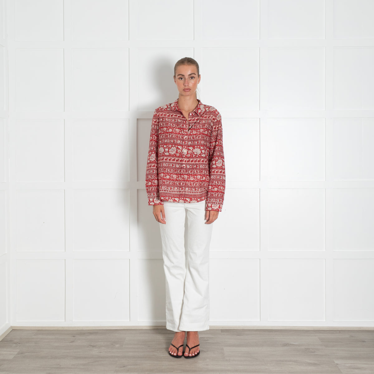 Sezane Red White Silk Blend Floral Print Pierro Shirt