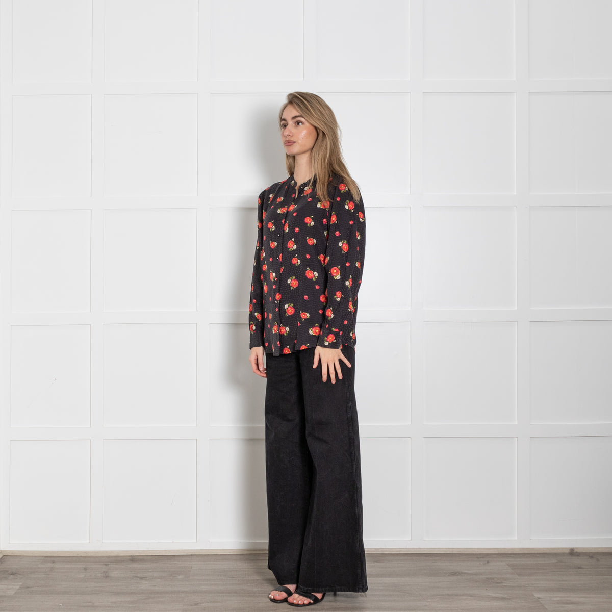 The Kooples White Red Floral Sheer Frill Trim Blouse