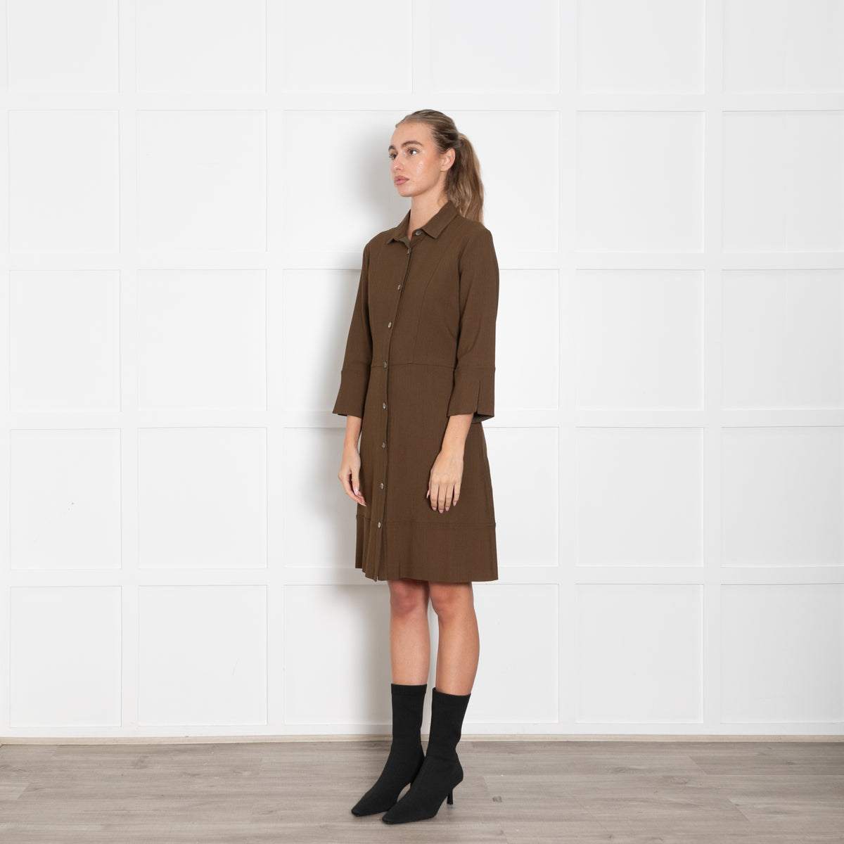 Antonelli Khaki 3/4 Sleeve Buttoned Up Dress