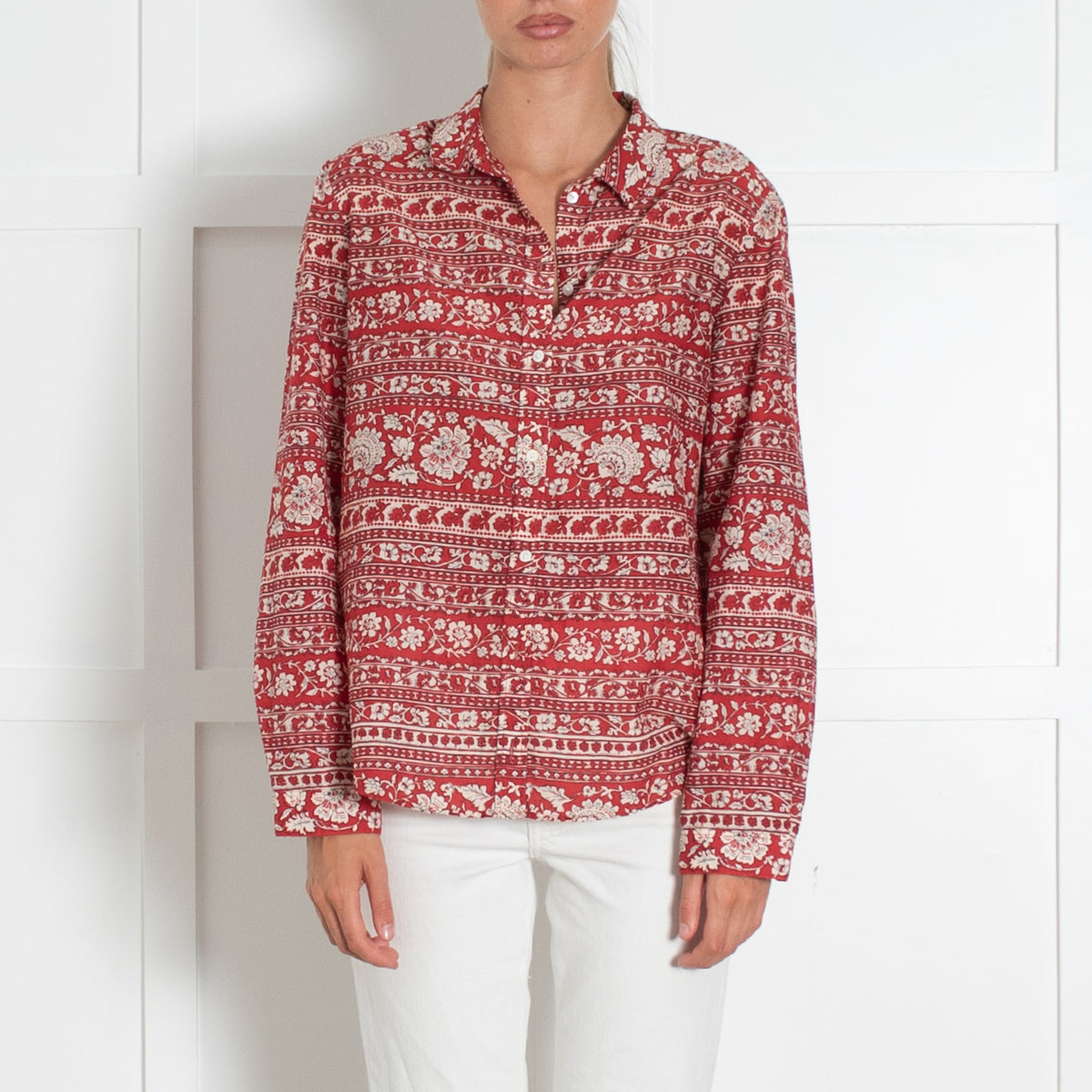 Sezane Red White Silk Blend Floral Print Pierro Shirt