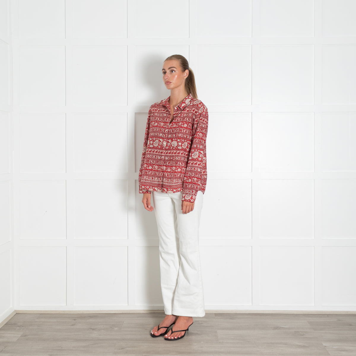 Sezane Red White Silk Blend Floral Print Pierro Shirt