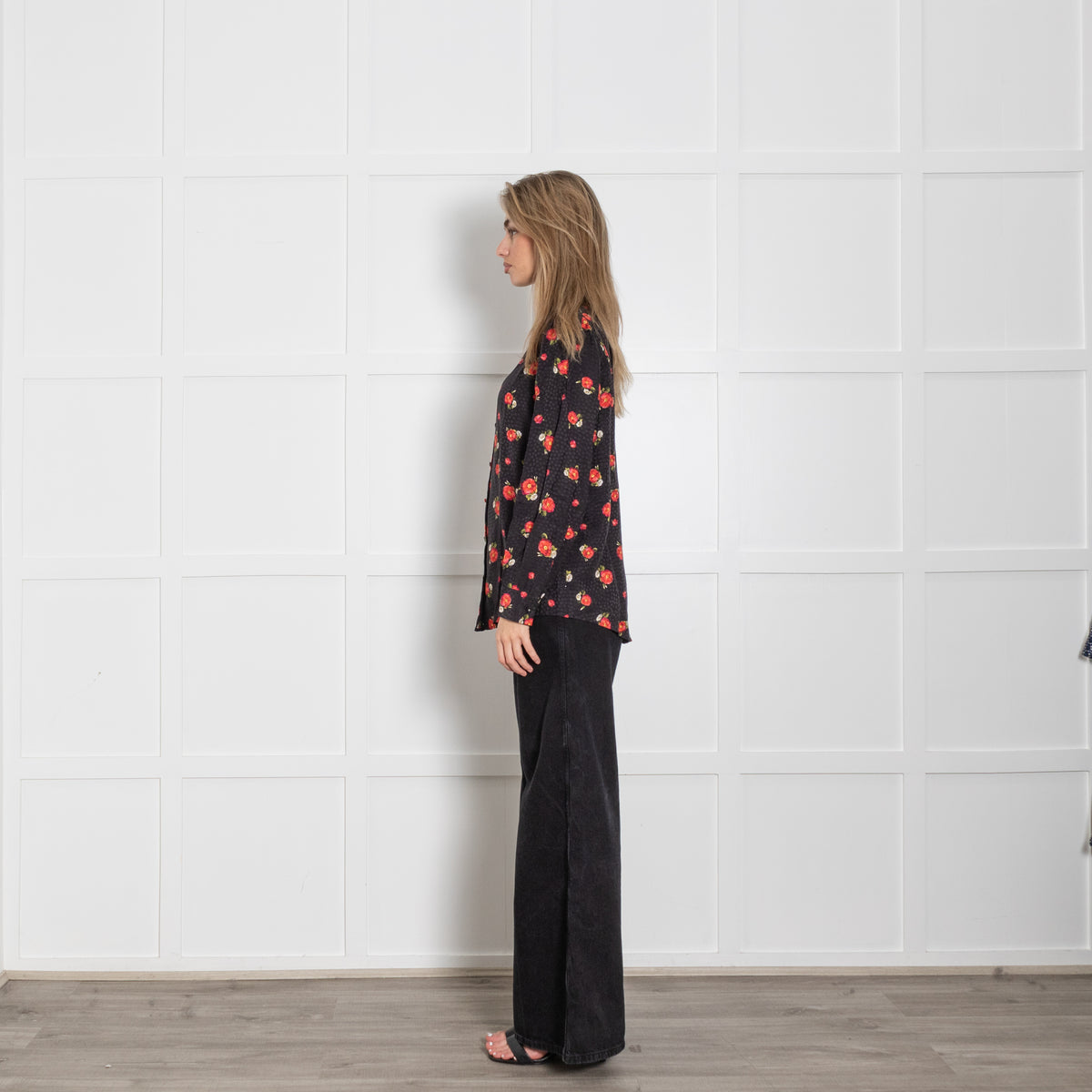 The Kooples White Red Floral Sheer Frill Trim Blouse