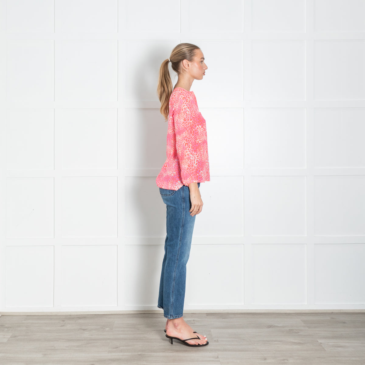 Mercy Delta White Neon Orange Pink Animal Print Silk Blouse