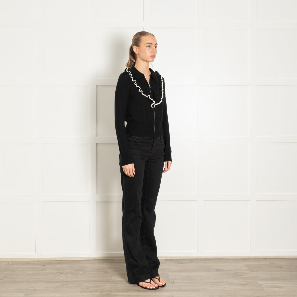 Sandro Black Cream Frill Collar Zip Cardigan