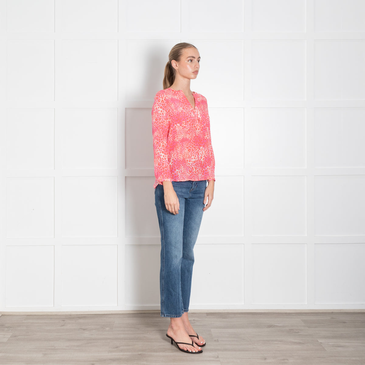 Mercy Delta White Neon Orange Pink Animal Print Silk Blouse