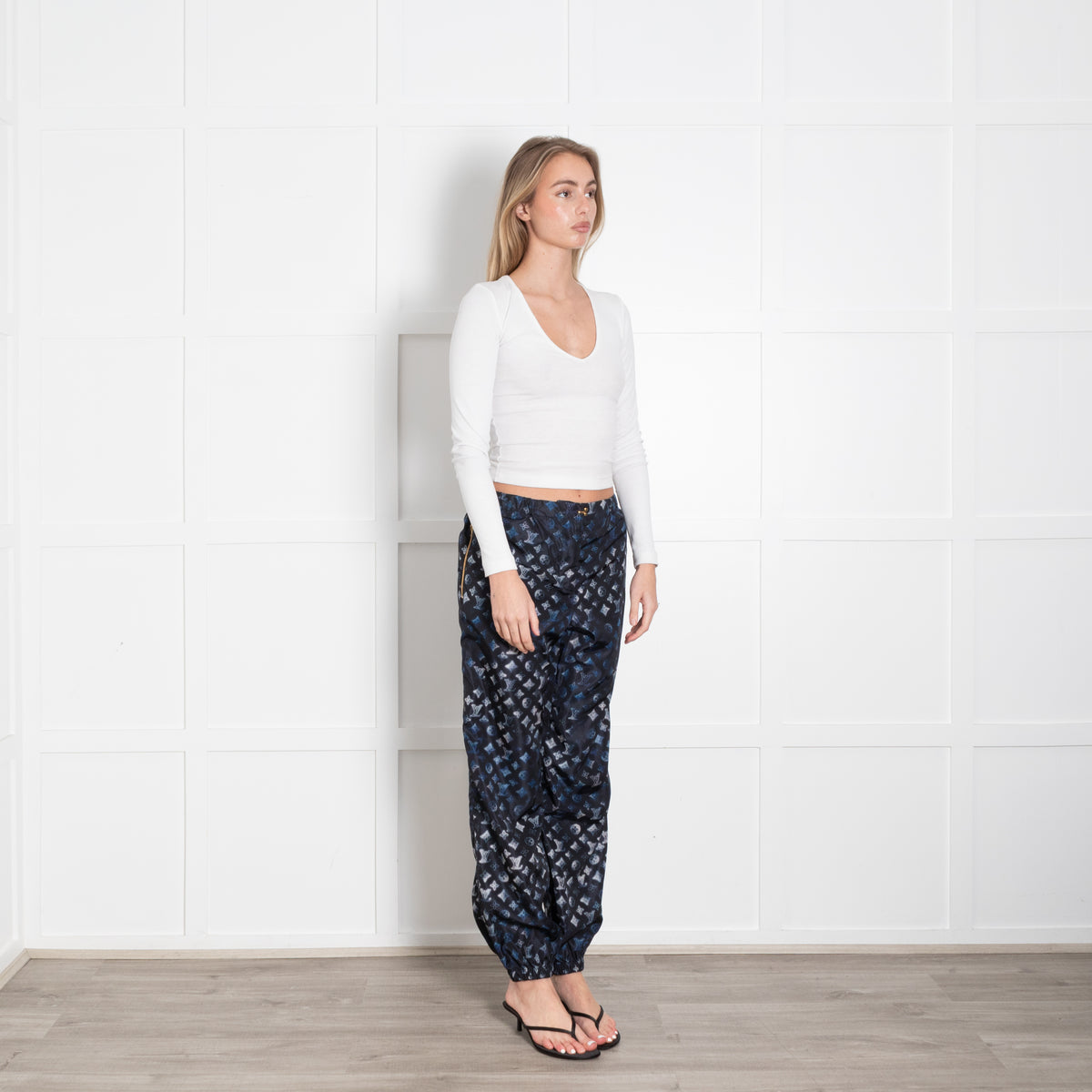 Louis Vuitton Black, Blue, White Logo Polyamide Trousers