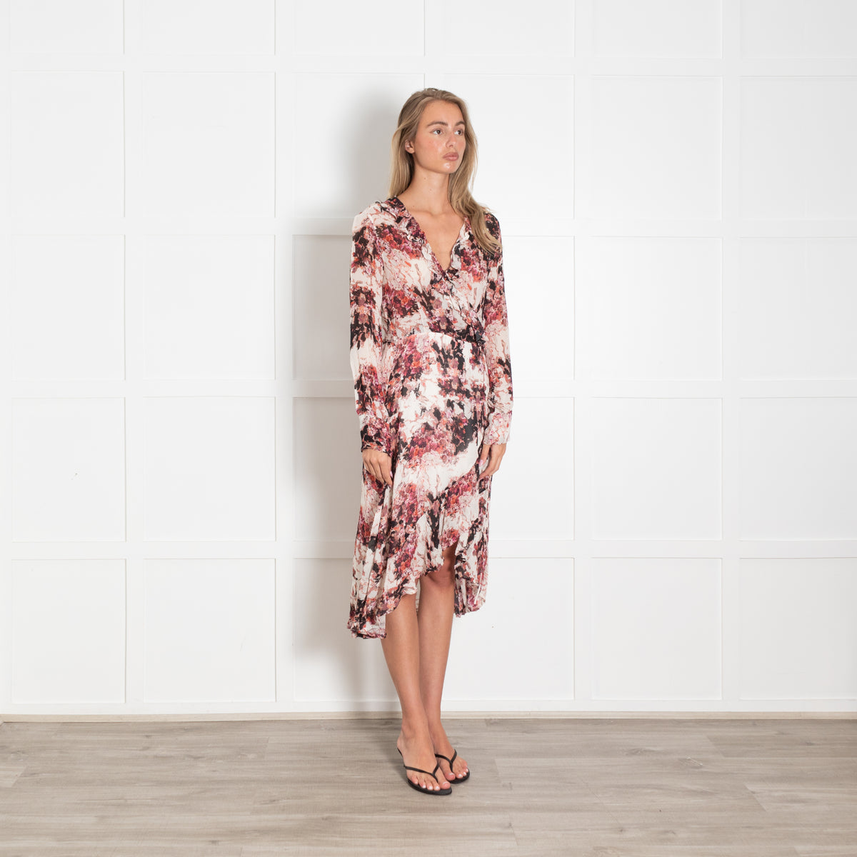 Iro Pink Black And Cream Pattern Wrap Dress