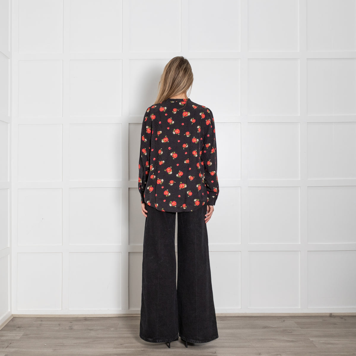 The Kooples White Red Floral Sheer Frill Trim Blouse