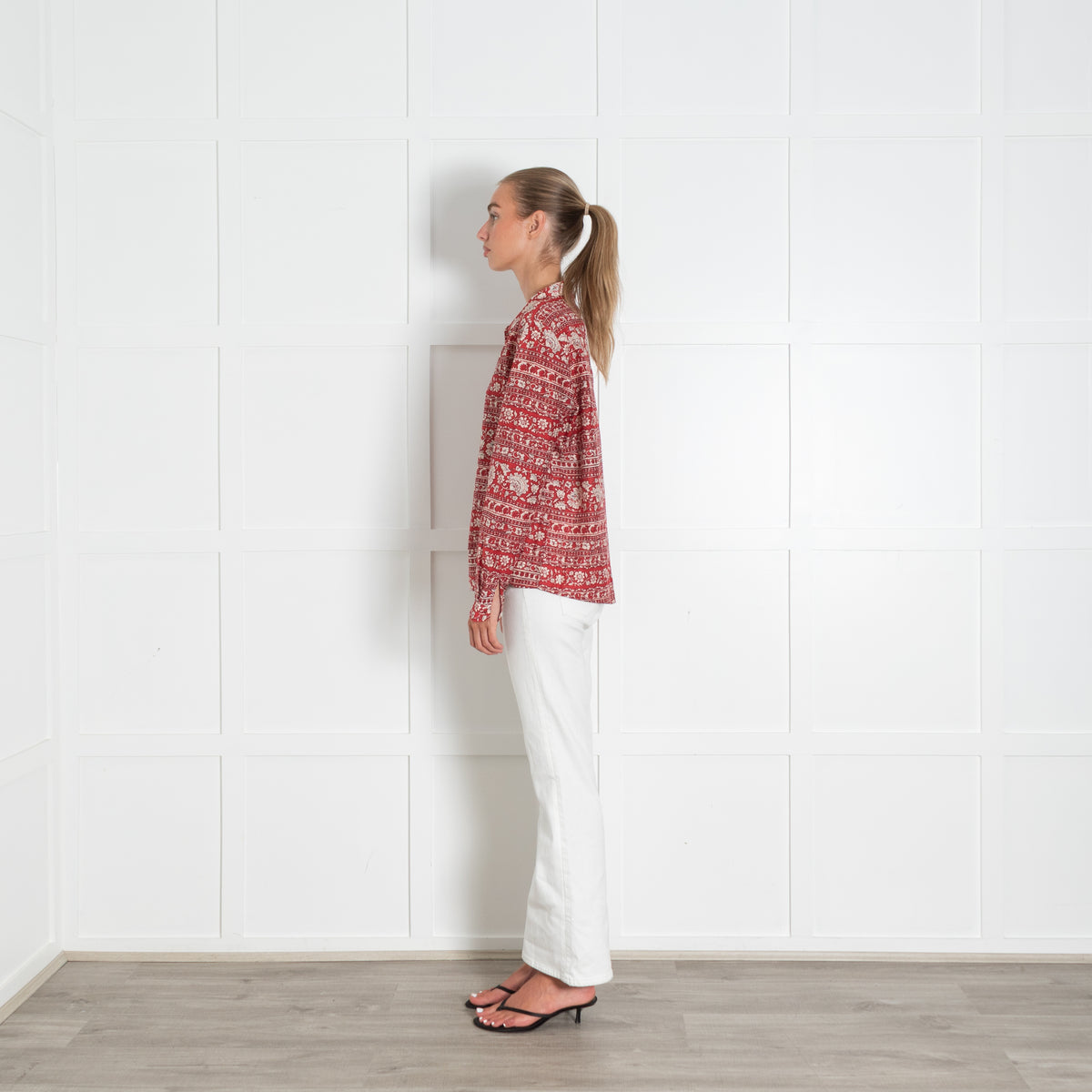 Sezane Red White Silk Blend Floral Print Pierro Shirt