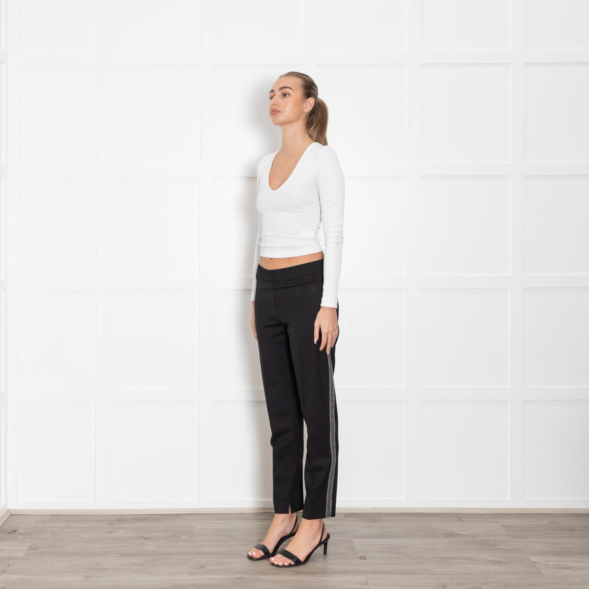 D Exterior Black Wool Mix Trousers With Grey and Beaded Side Panels