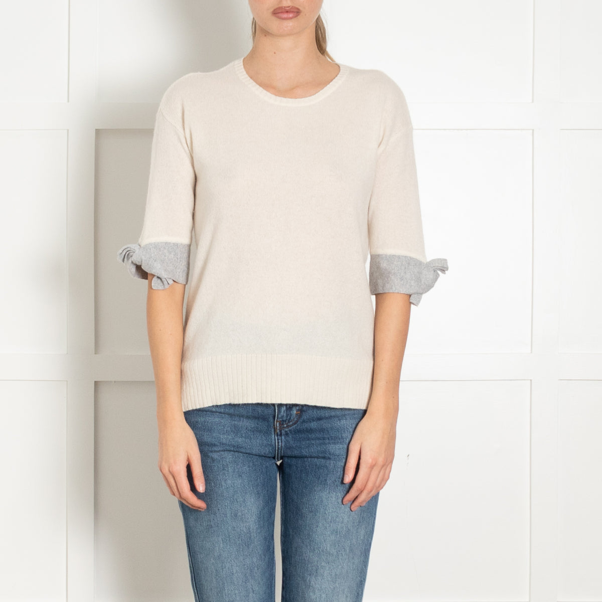 Duffy Cream Grey Trim Short Sleeve Cashmere Jumper