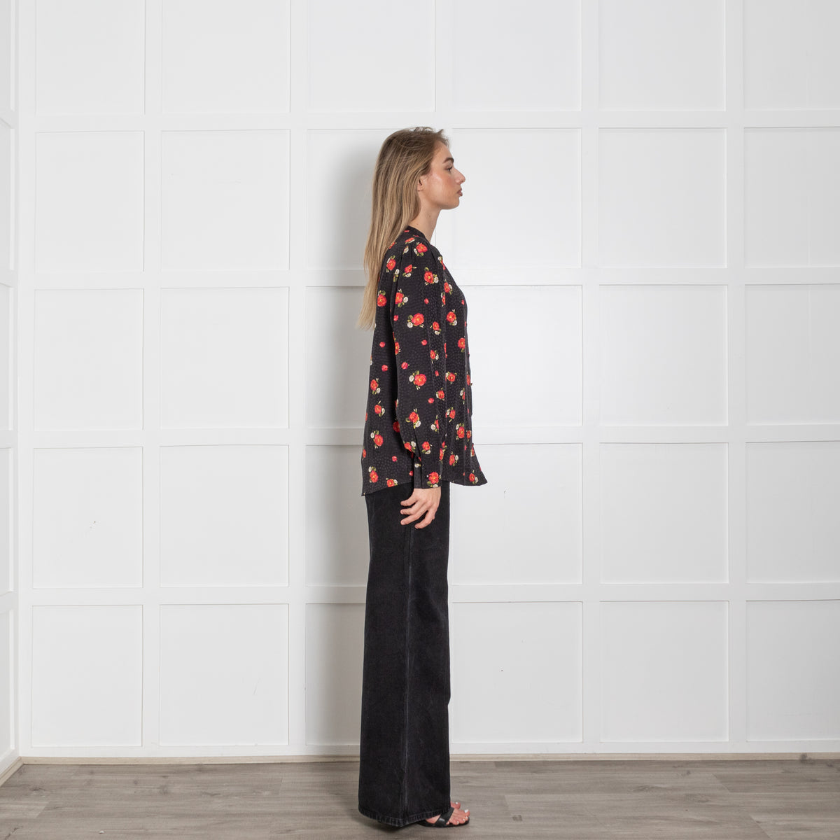 The Kooples White Red Floral Sheer Frill Trim Blouse