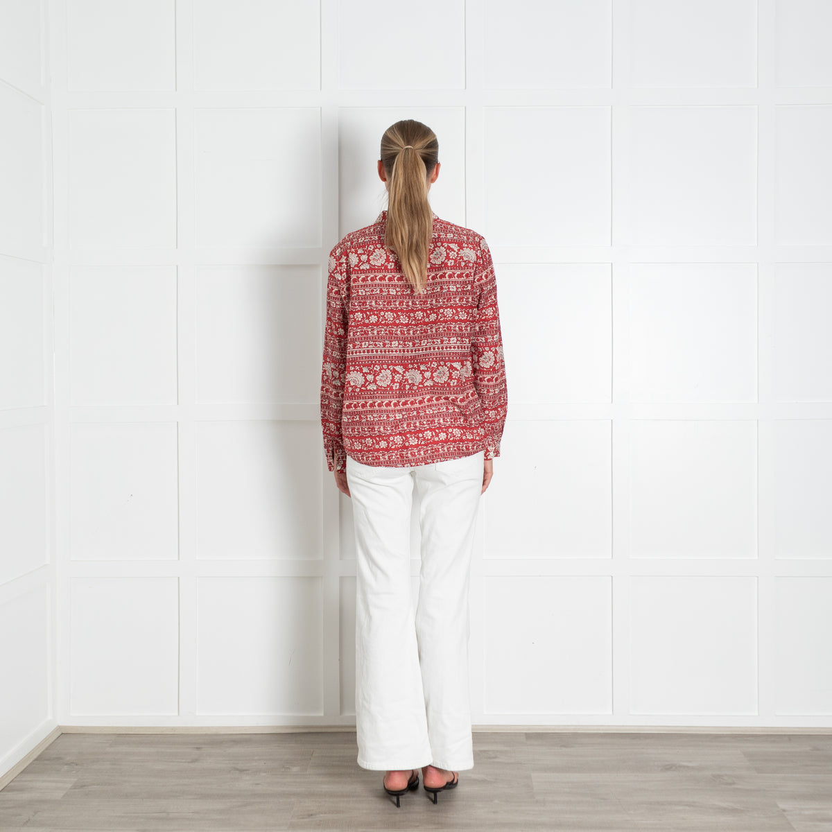 Sezane Red White Silk Blend Floral Print Pierro Shirt
