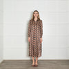 Charlotte Sparre Black Brown White Print Front Open Silk Maxi Dress