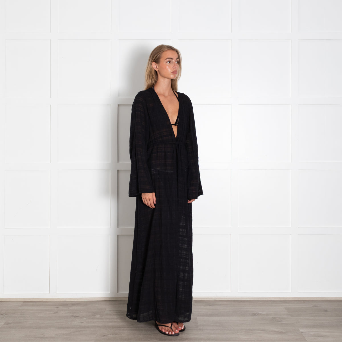 Honorine Black Beach Tie Front Long Kaftan