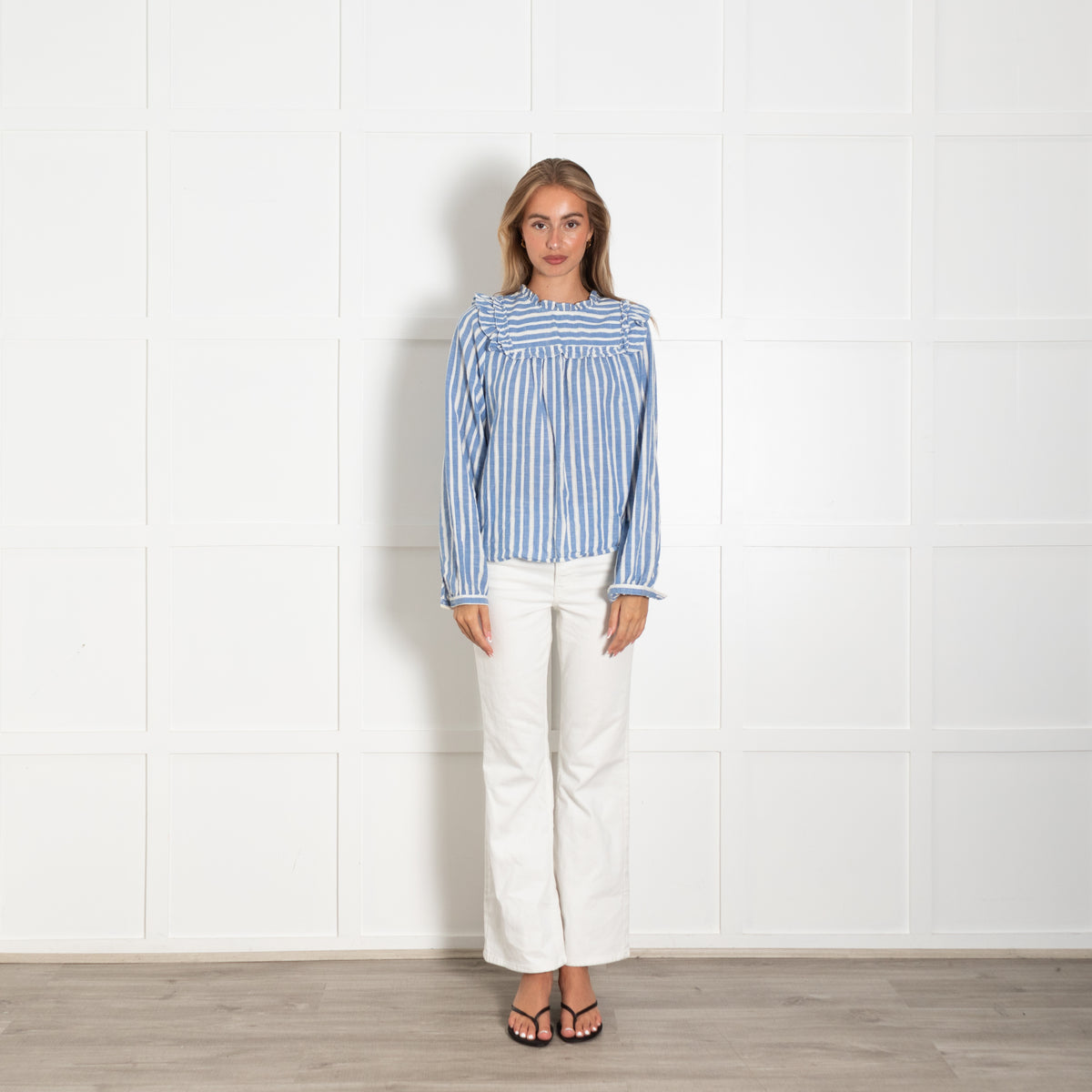 By Iris White Blue Stripes Frill Detail Cotton Top