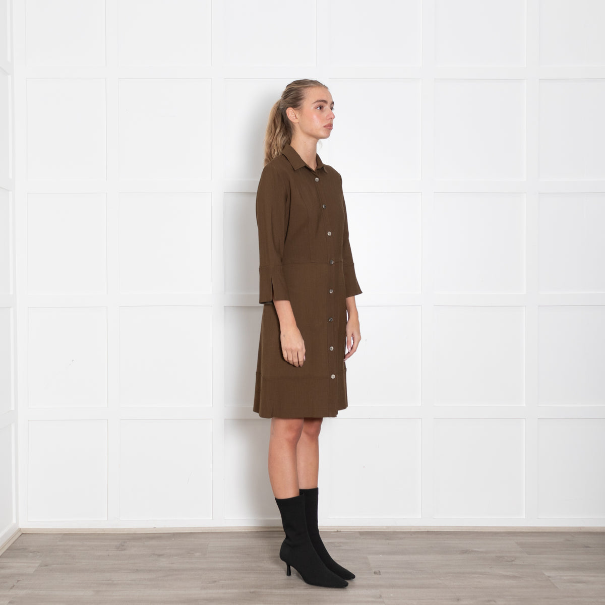 Antonelli Khaki 3/4 Sleeve Buttoned Up Dress