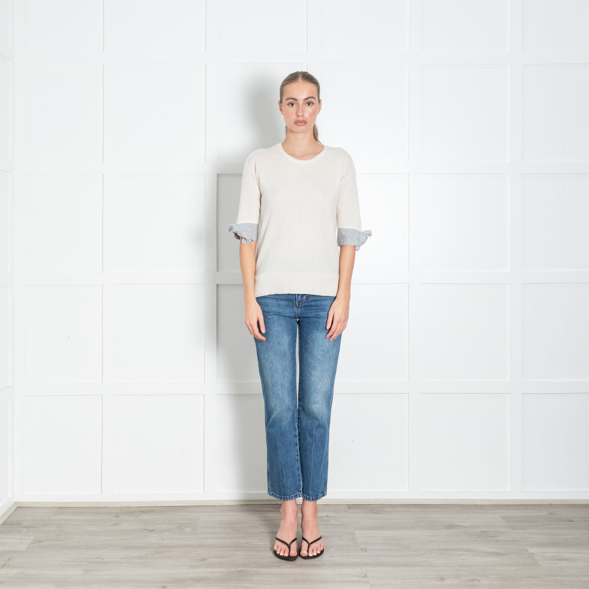 Duffy Cream Grey Trim Short Sleeve Cashmere Jumper