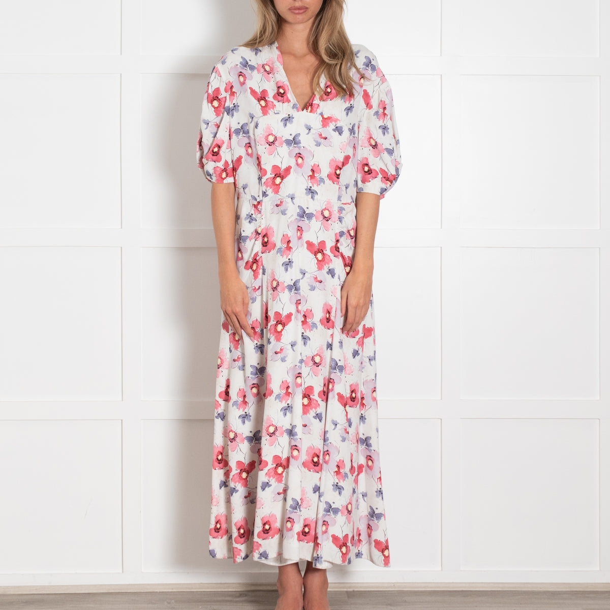 Prada White Floral Crepe V Neck Midi Dress