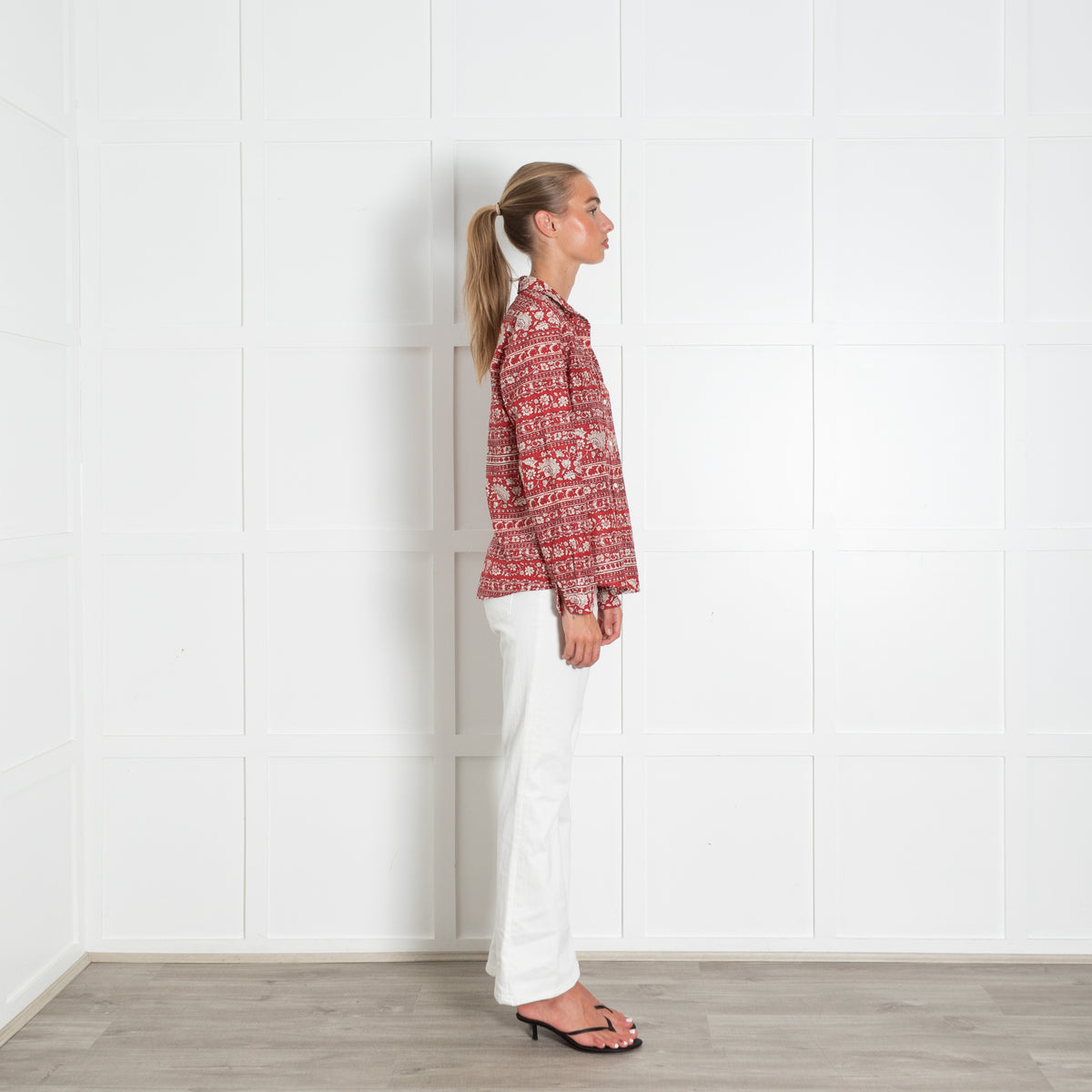 Sezane Red White Silk Blend Floral Print Pierro Shirt