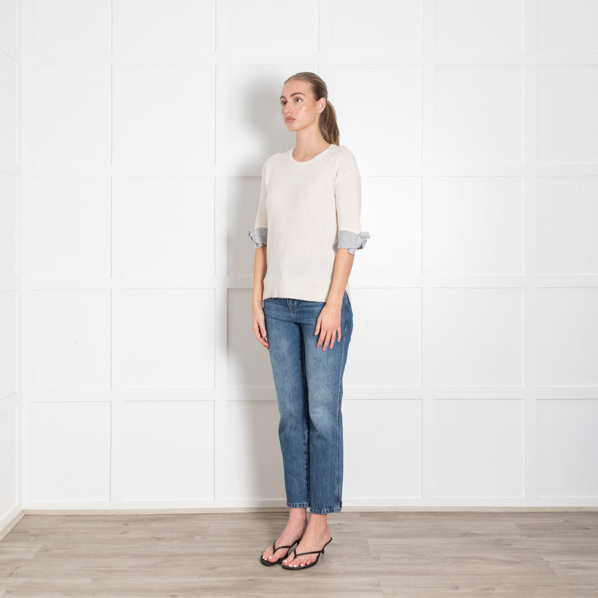 Duffy Cream Grey Trim Short Sleeve Cashmere Jumper