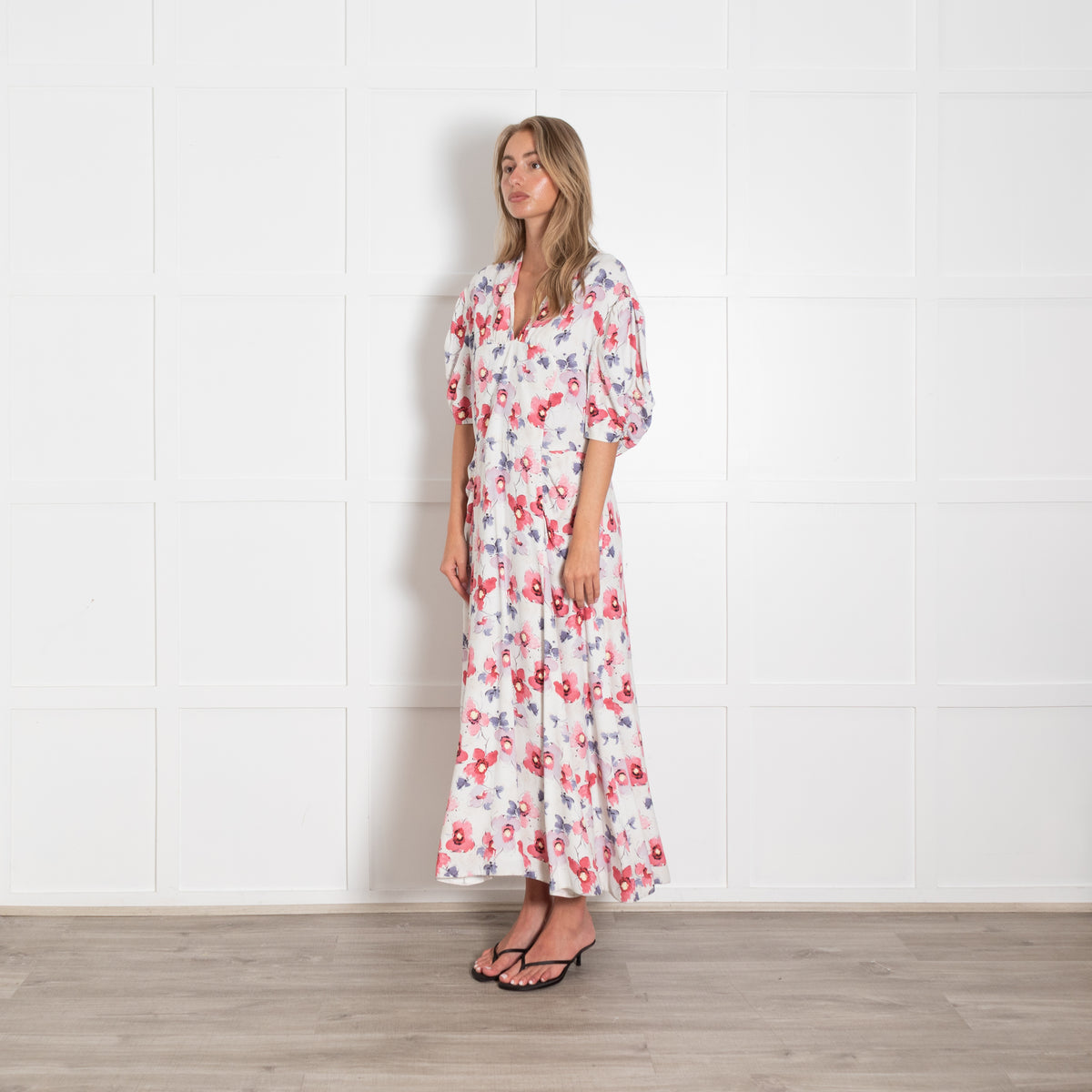 Prada White Floral Crepe V Neck Midi Dress
