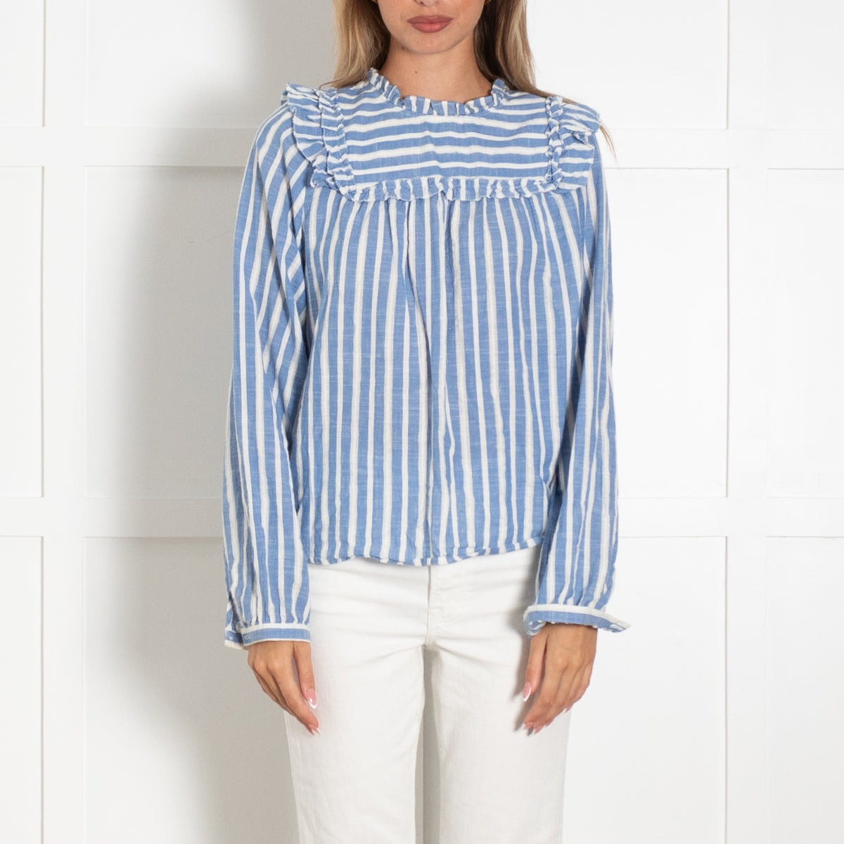 By Iris White Blue Stripes Frill Detail Cotton Top