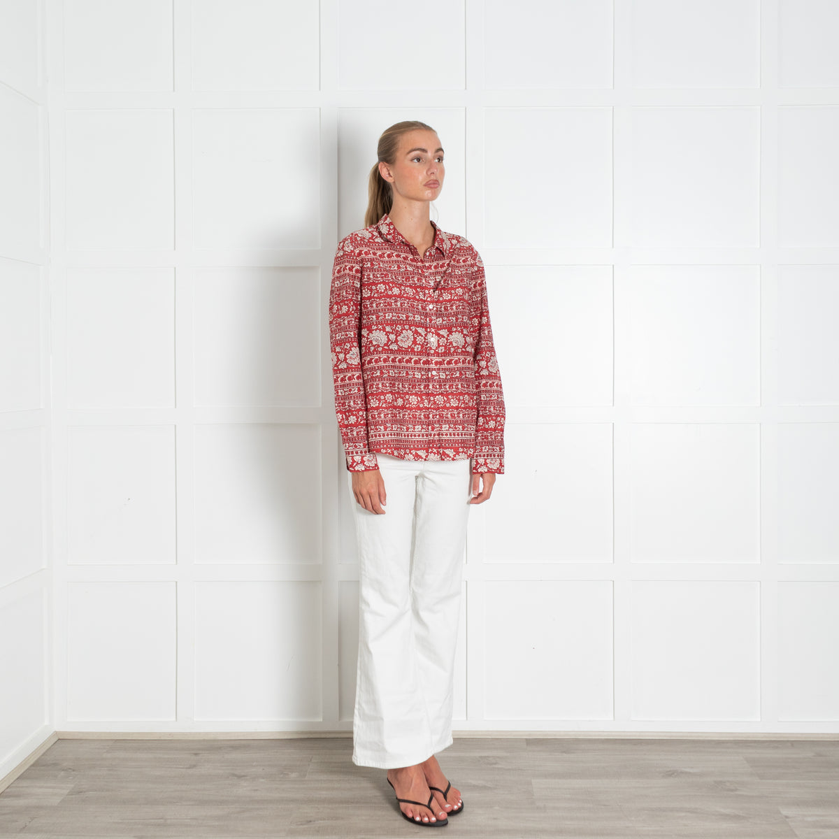 Sezane Red White Silk Blend Floral Print Pierro Shirt