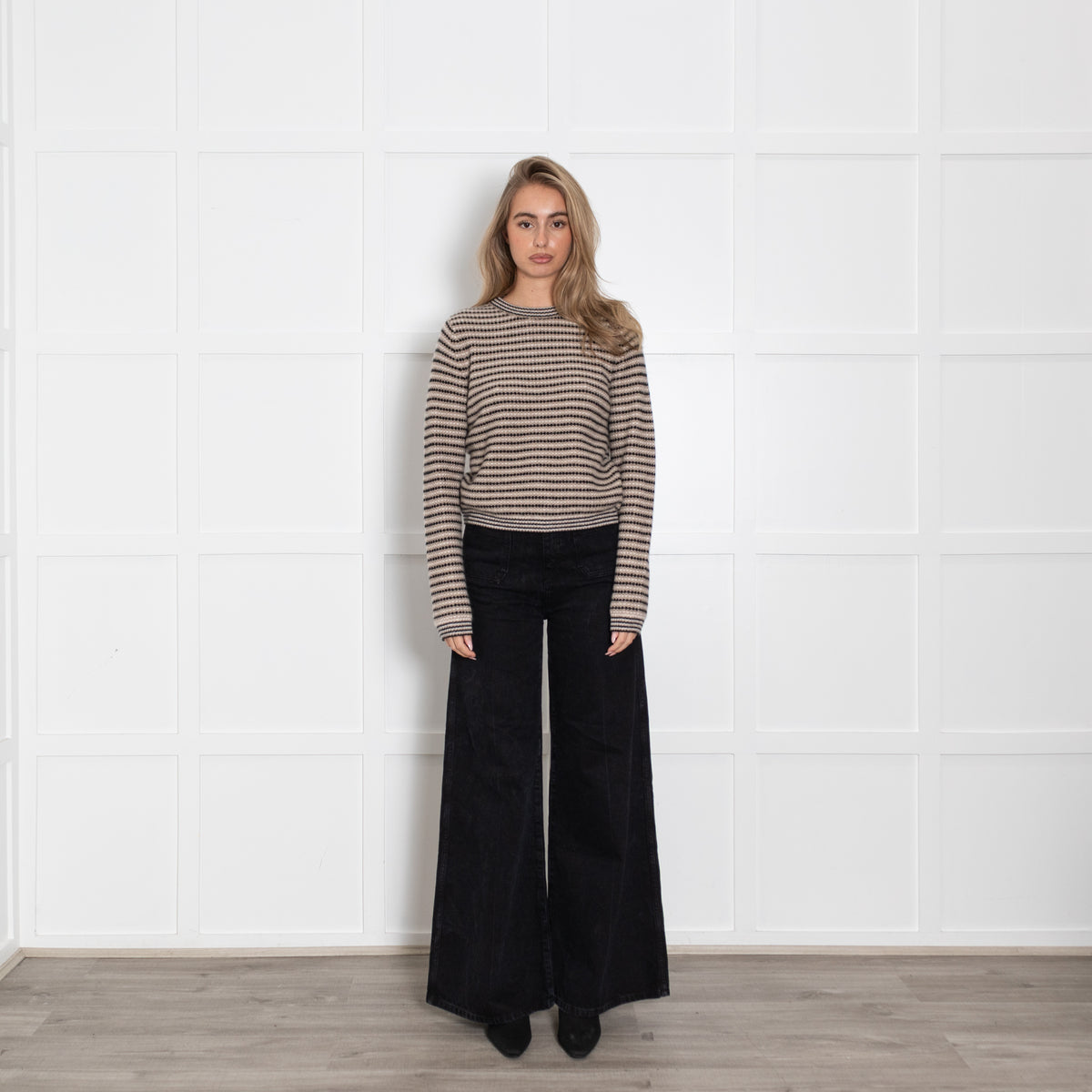 White + Warren Black And Beige Stripe Cashmere Jumper