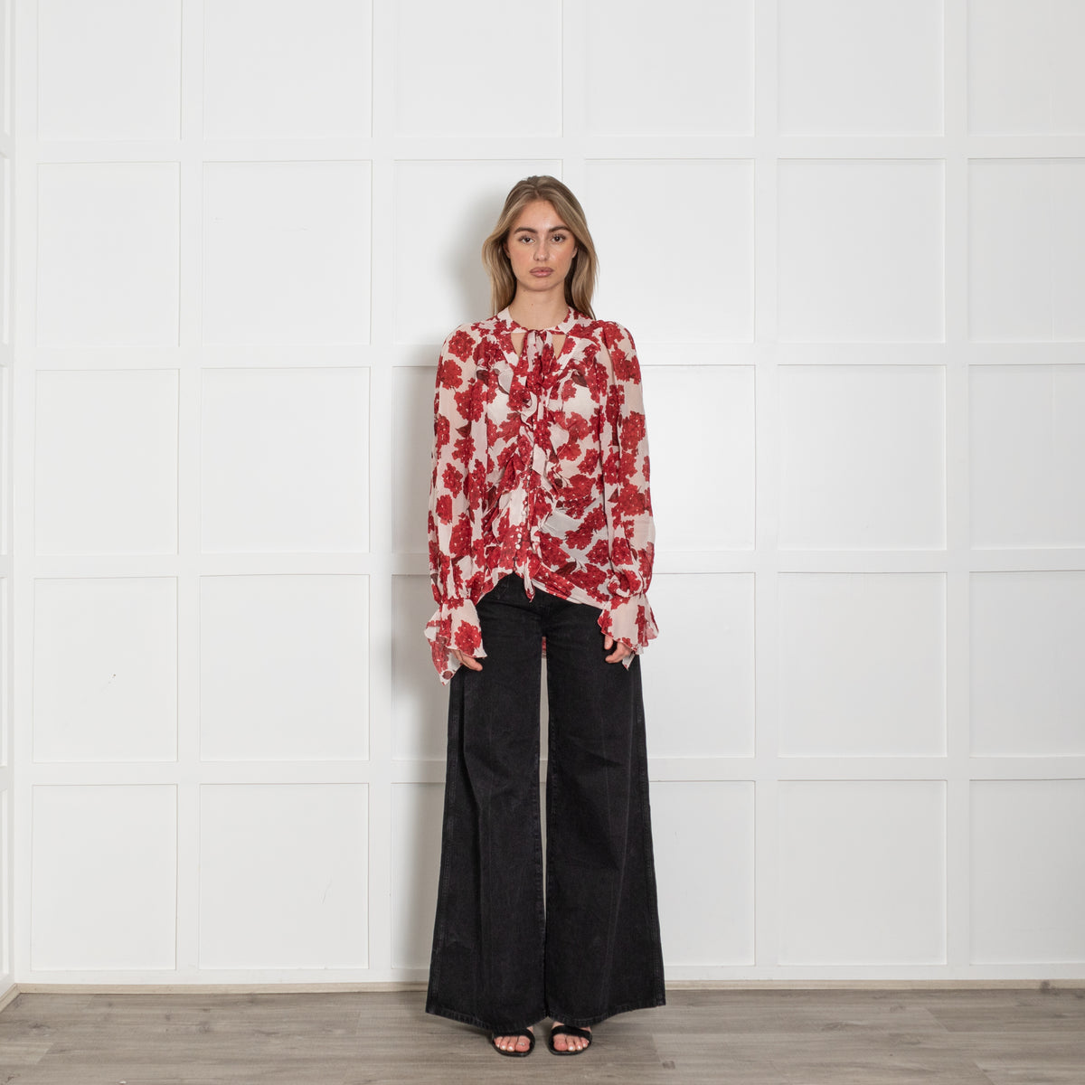 The Kooples Black Red Floral Silk Blend Blouse