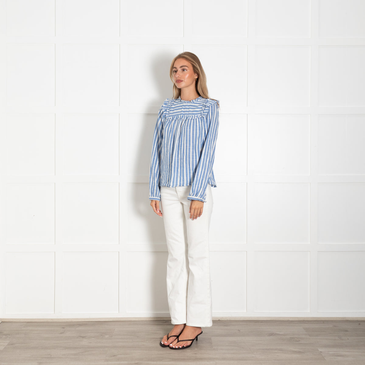 By Iris White Blue Stripes Frill Detail Cotton Top