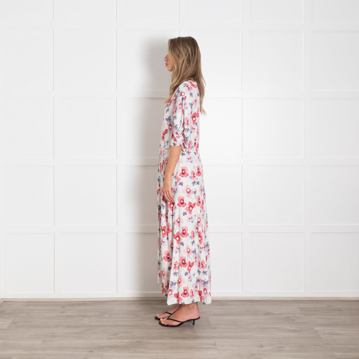 Prada White Floral Crepe V Neck Midi Dress