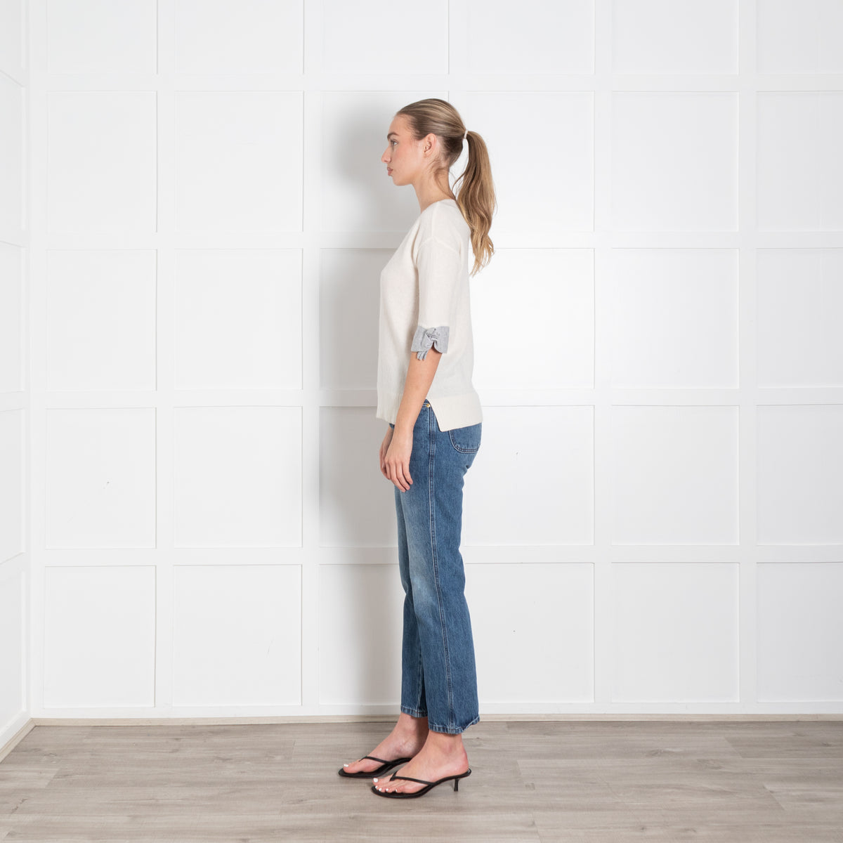 Duffy Cream Grey Trim Short Sleeve Cashmere Jumper