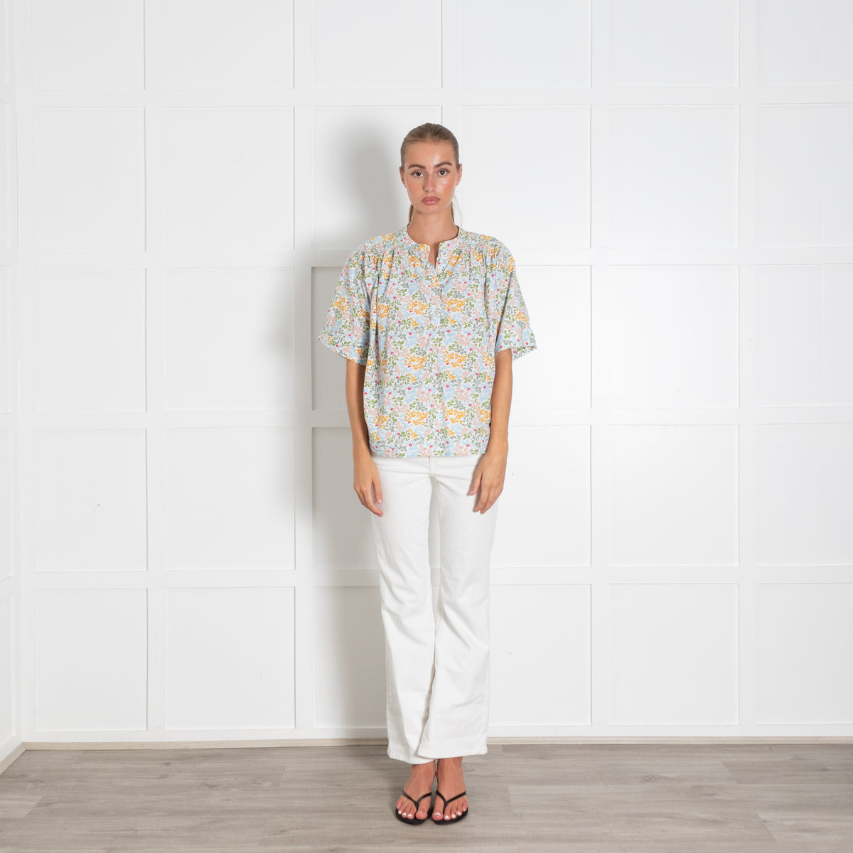 A Piece Apart White Multi Floral Print Button Blouse With Ruched Shoulder Detailing