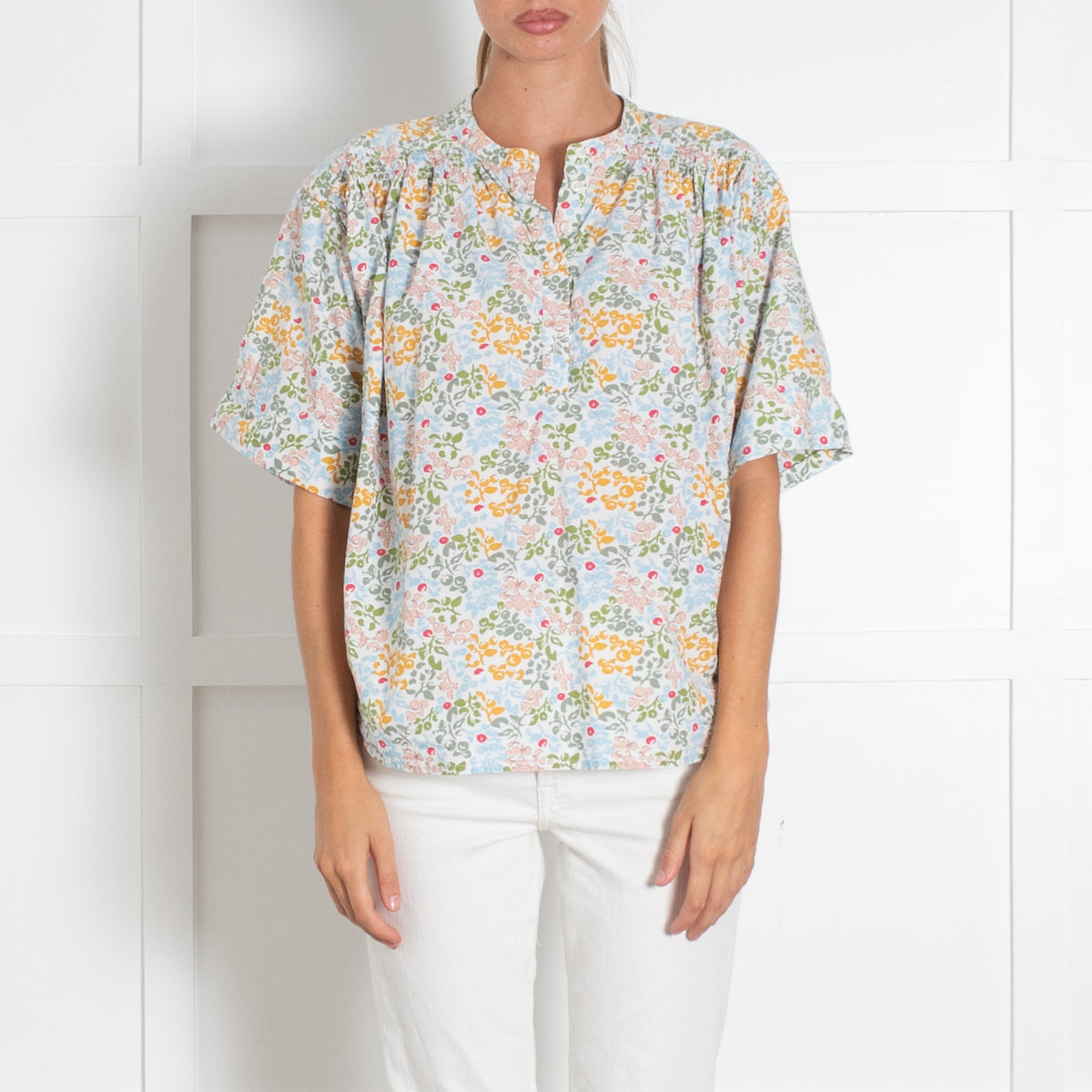 A Piece Apart White Multi Floral Print Button Blouse With Ruched Shoulder Detailing