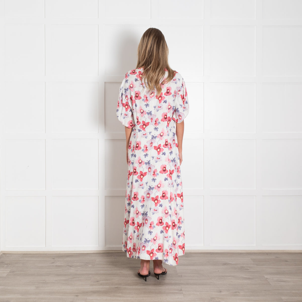 Prada White Floral Crepe V Neck Midi Dress