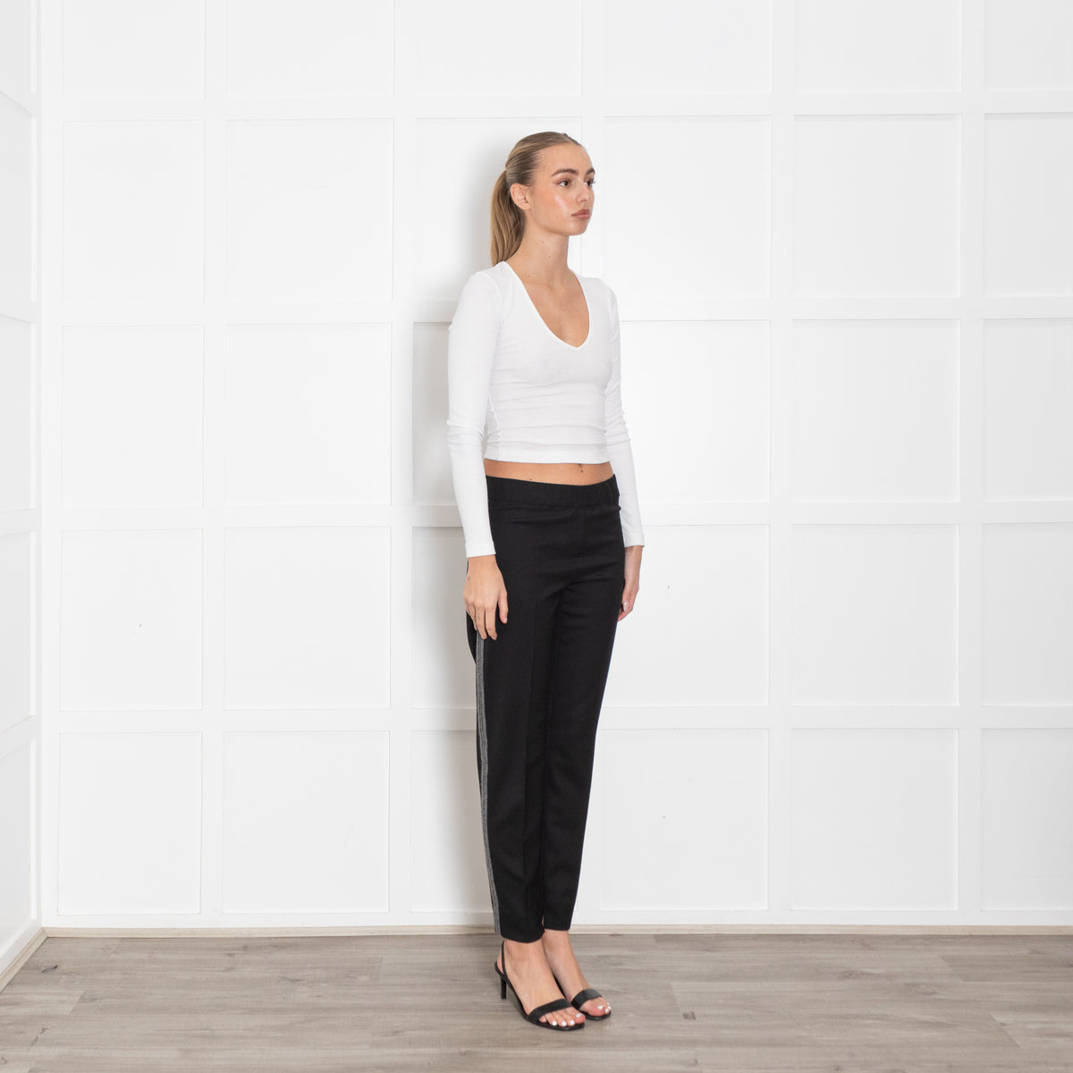 D Exterior Black Wool Mix Trousers With Grey and Beaded Side Panels