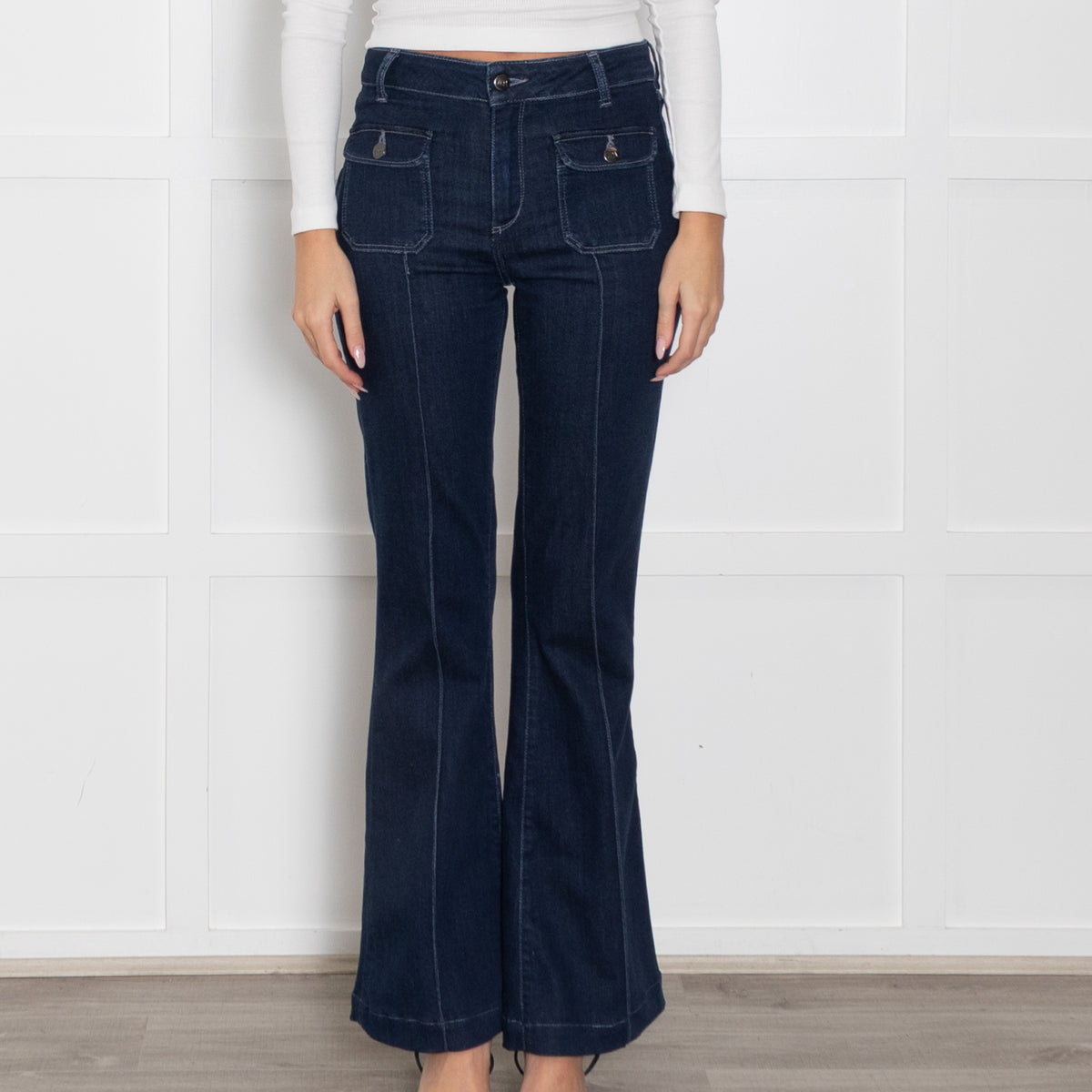 Donna Ida Blue Denim Front Stitching Flared Jeans