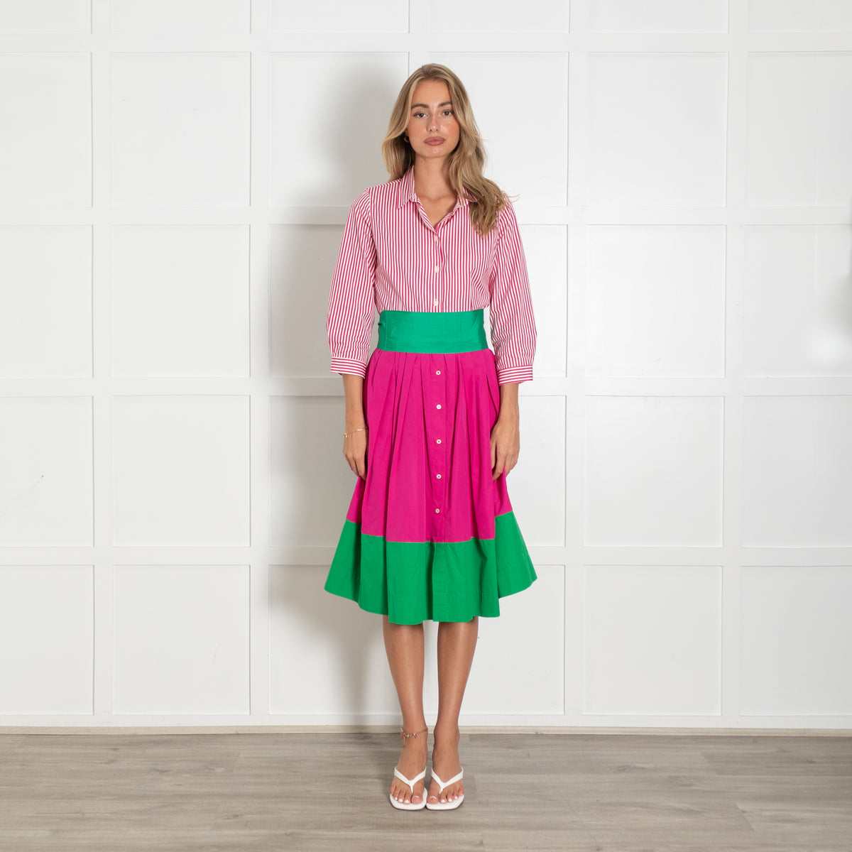 Sara Roka Pink and White Stripe Shirt Dress with Contrasting Green Hem and Tie Belt
