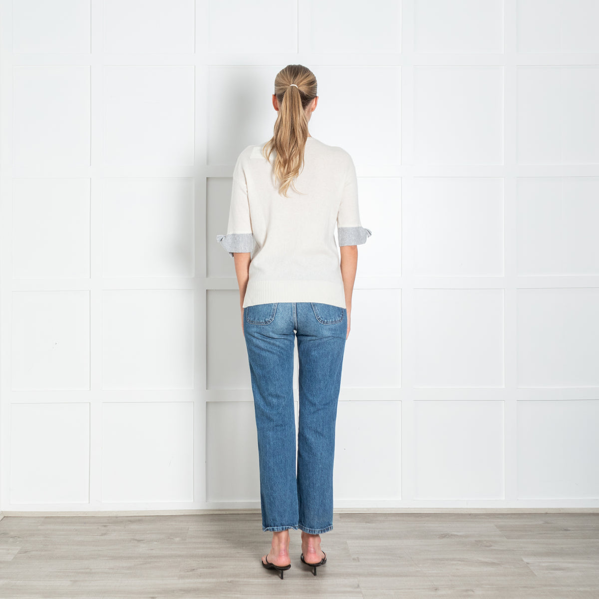 Duffy Cream Grey Trim Short Sleeve Cashmere Jumper